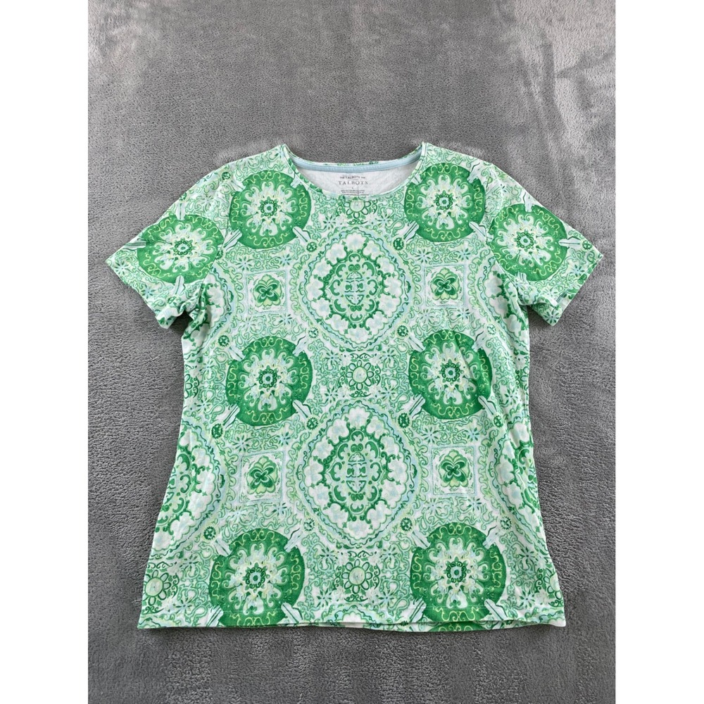 Talbots Womens Green Medallion Tile Print Short Sleeve Cotton Spandex Tee L
